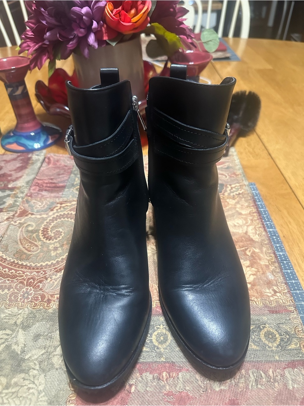 Women's Black Leather Ankle Booties with Strap Detail